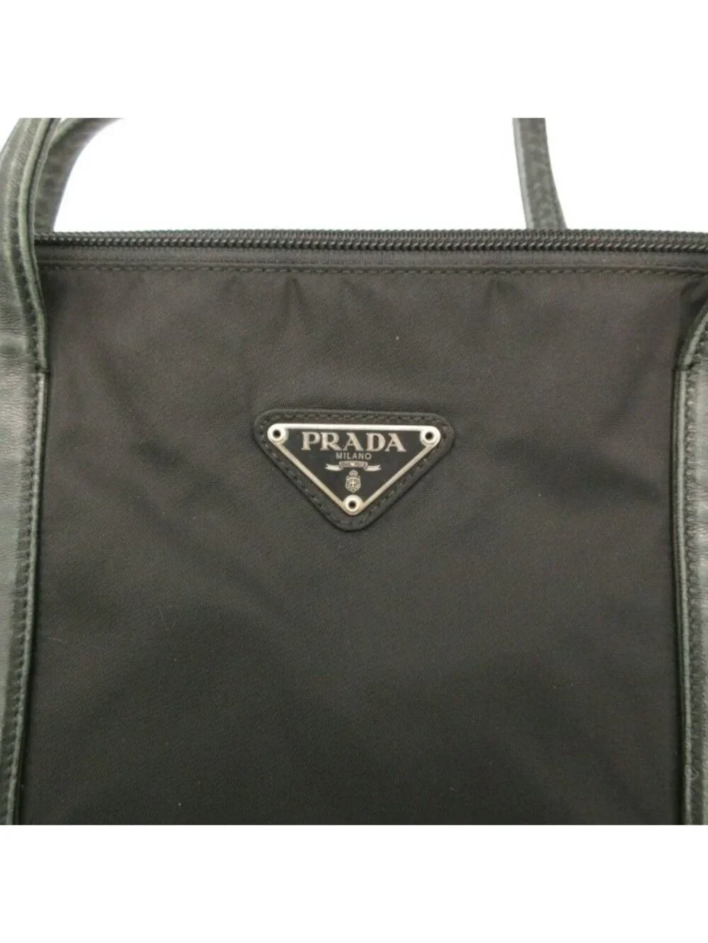 Prada Shoulder Bag Triangle Logo Nylon Tote Leather Handle Black